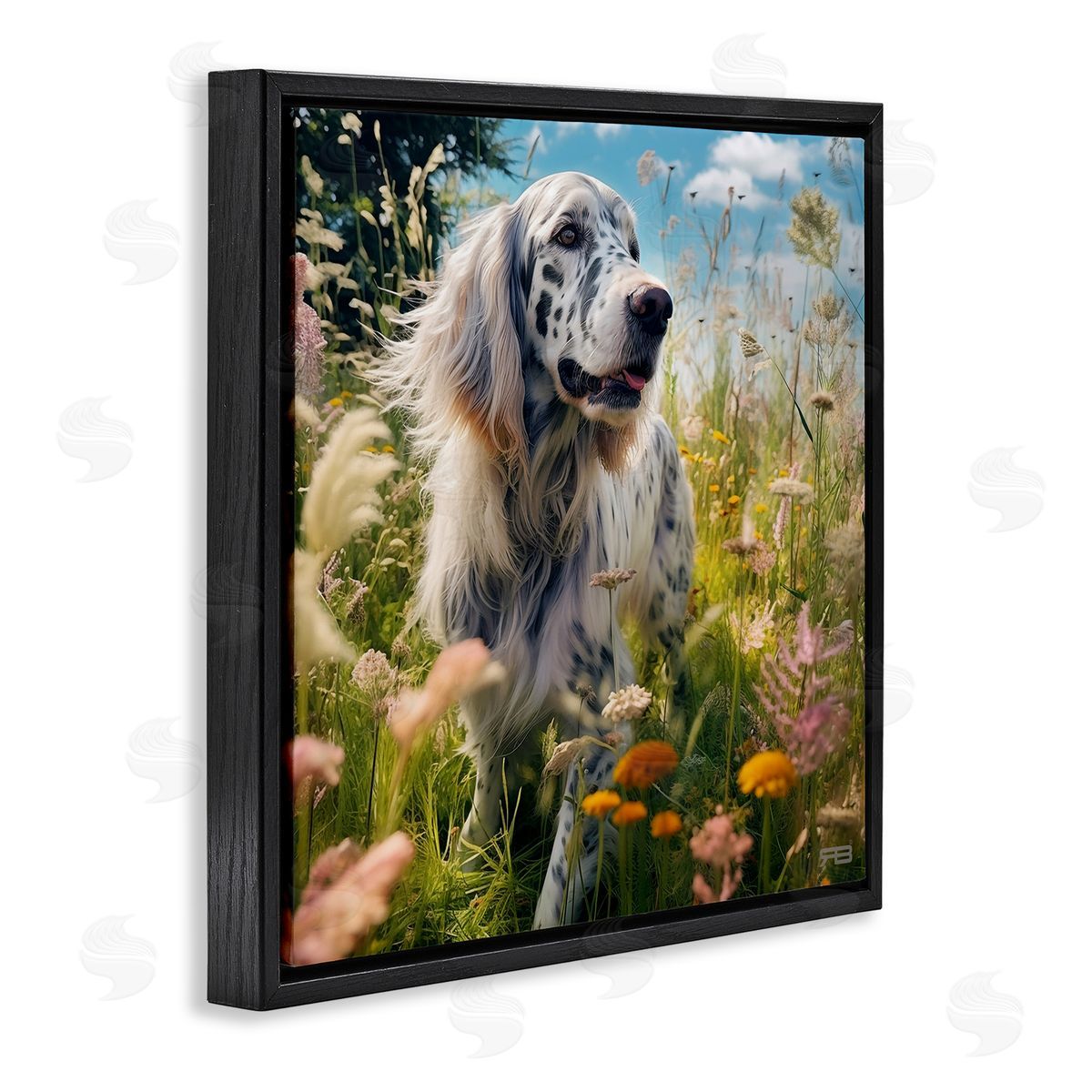 Happy Dog Among Flowers Black Floating Frame Canvas Wall Art, Home Decor by Roozbeh Bahramali