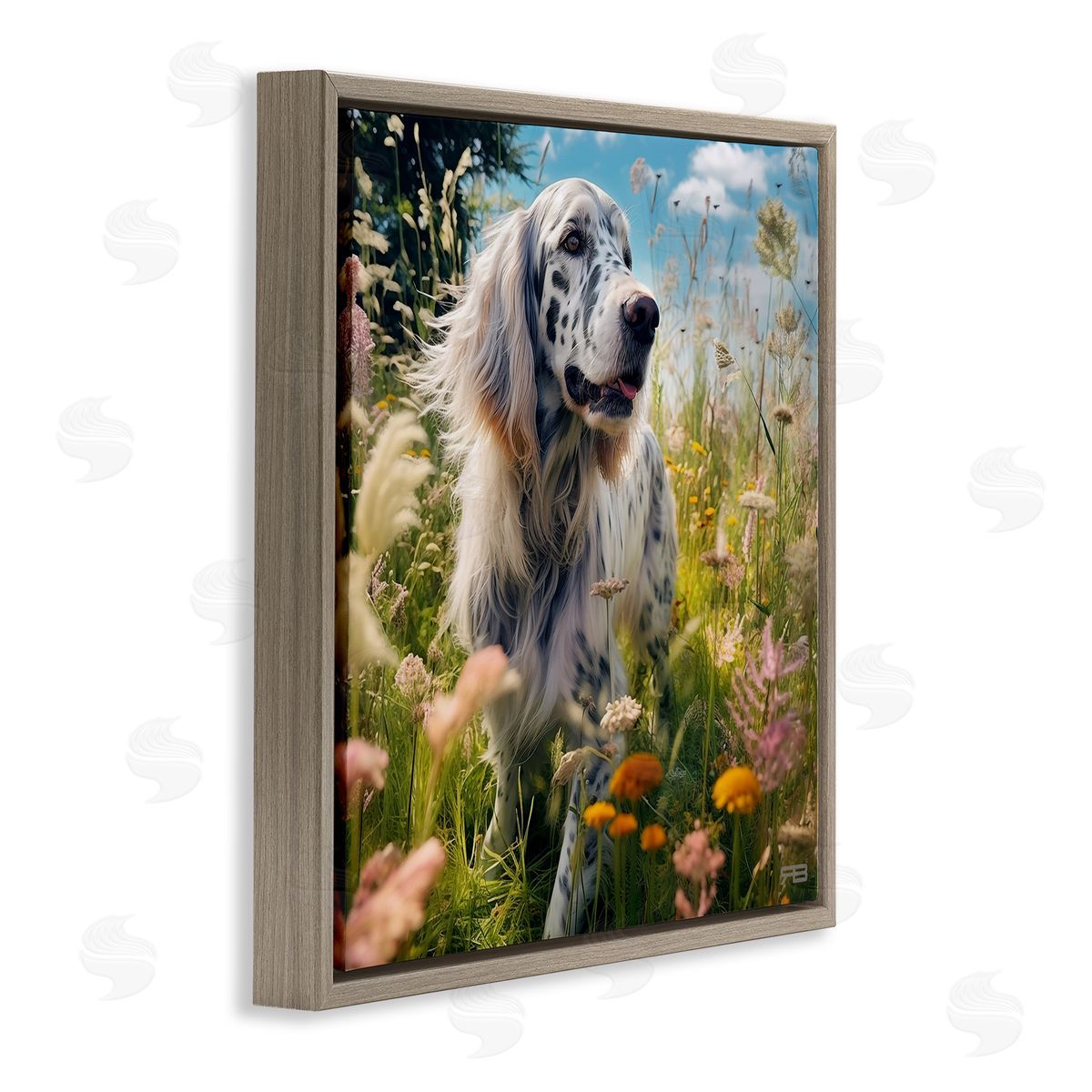 Happy Dog Among Flowers Brown Floating Frame Canvas Wall Art, Home Decor by Roozbeh Bahramali