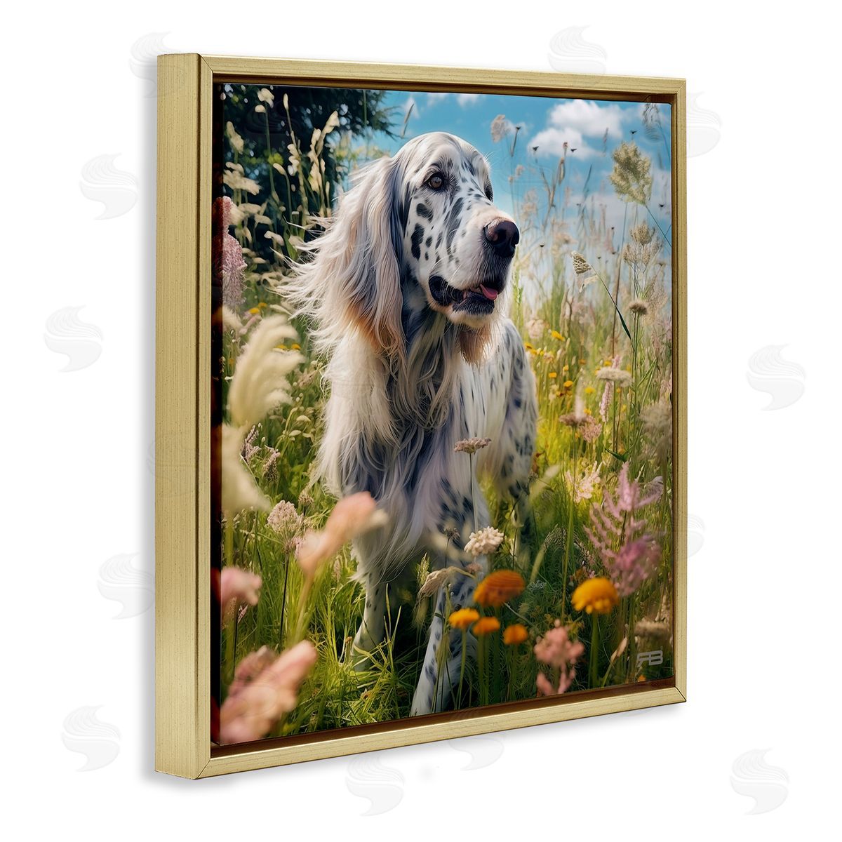 Happy Dog Among Flowers Gold Floating Frame Canvas Wall Art, Home Decor by Roozbeh Bahramali