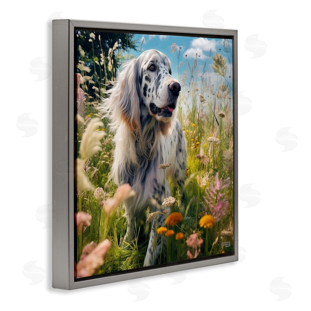 Happy Dog Among Flowers Grey Floating Frame Canvas Wall Art, Home Decor by Roozbeh Bahramali