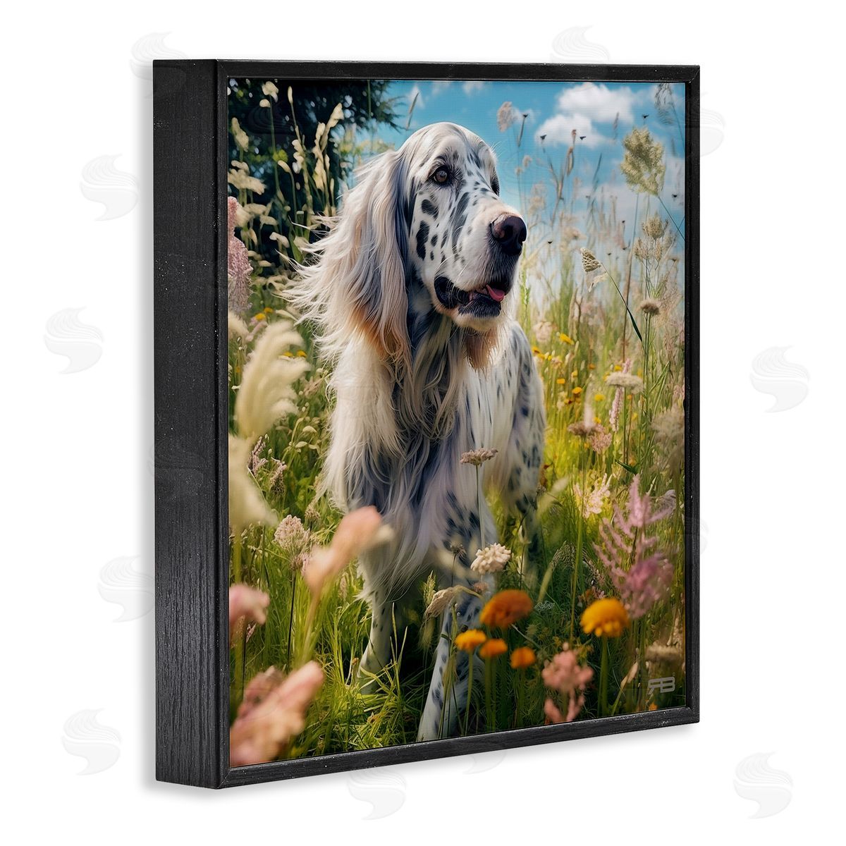 Happy Dog Among Flowers Black Frame Print Wall Art, Home Decor by Roozbeh Bahramali