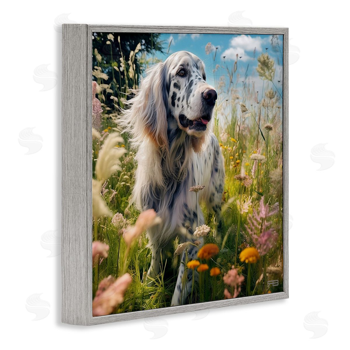 Happy Dog Among Flowers Grey Frame Print Wall Art, Home Decor by Roozbeh Bahramali