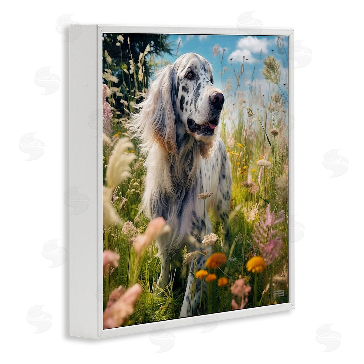 Happy Dog Among Flowers White Frame Print Wall Art, Home Decor by Roozbeh Bahramali