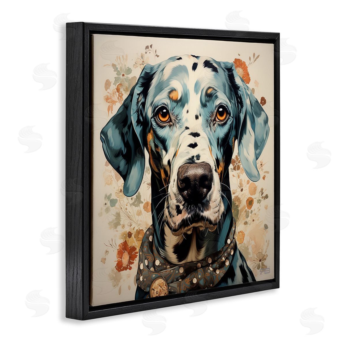 Dog Portrait with Paint Splatter Black Floating Frame Canvas Wall Art, Home Decor by Roozbeh Bahramali