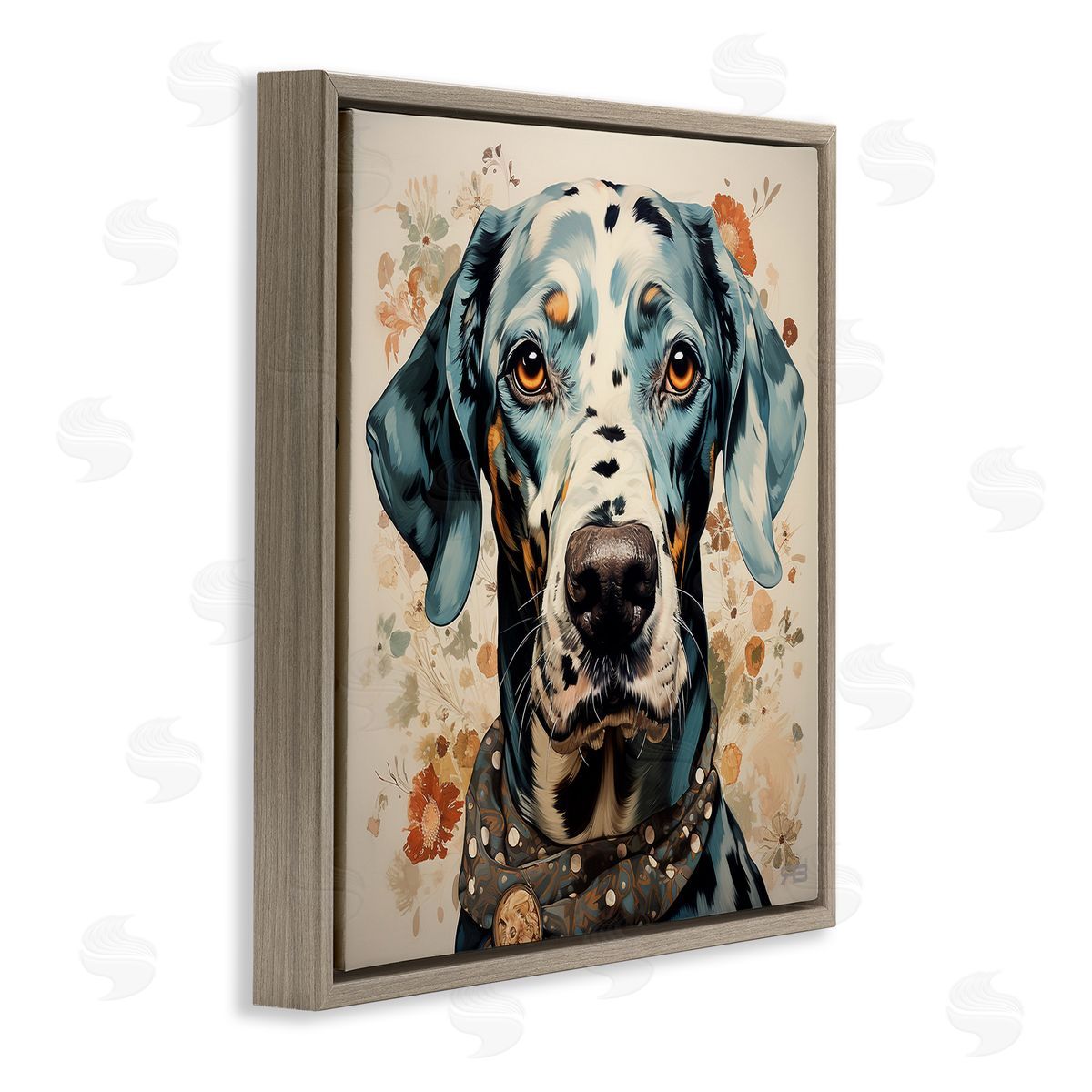 Dog Portrait with Paint Splatter Brown Floating Frame Canvas Wall Art, Home Decor by Roozbeh Bahramali