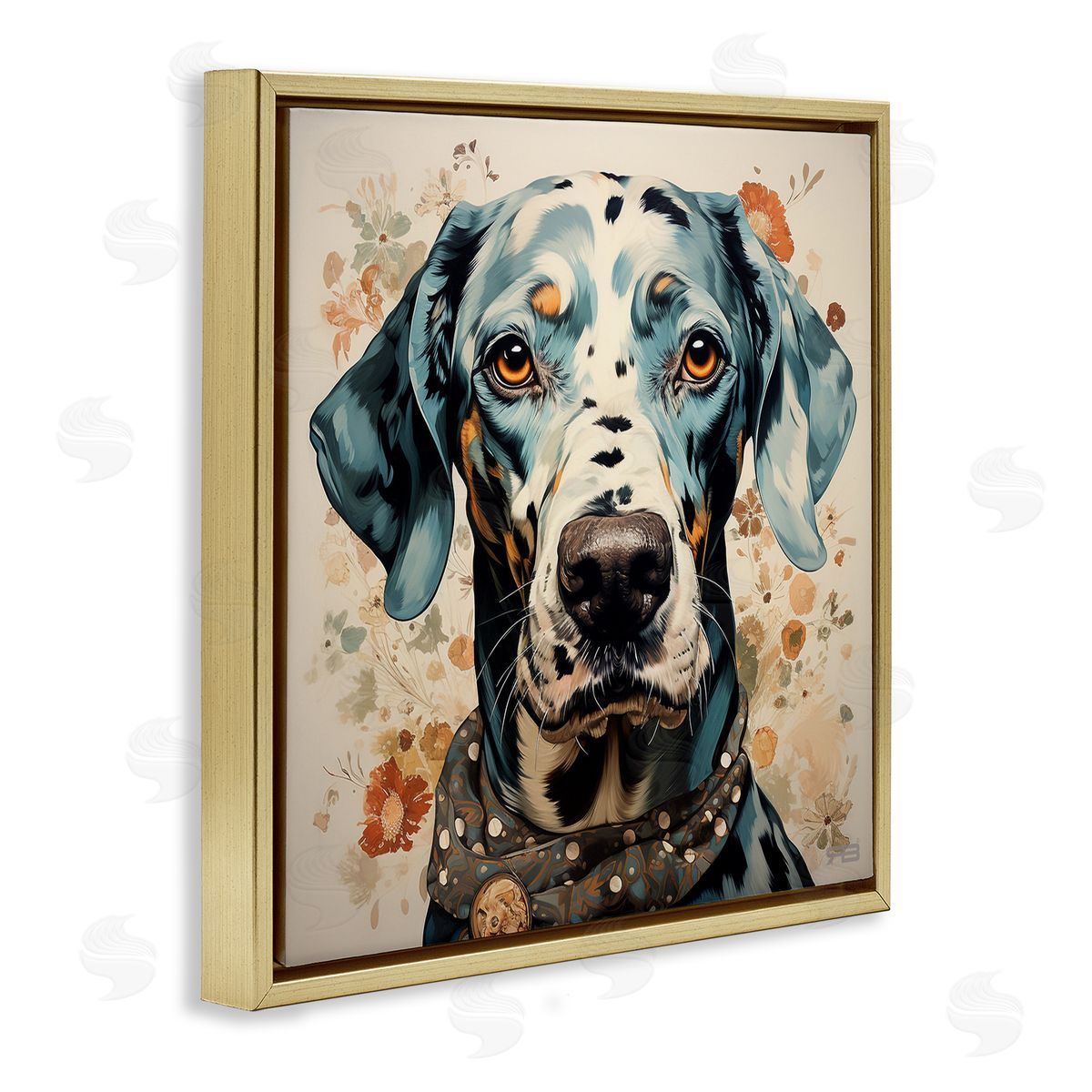 Dog Portrait with Paint Splatter Gold Floating Frame Canvas Wall Art, Home Decor by Roozbeh Bahramali