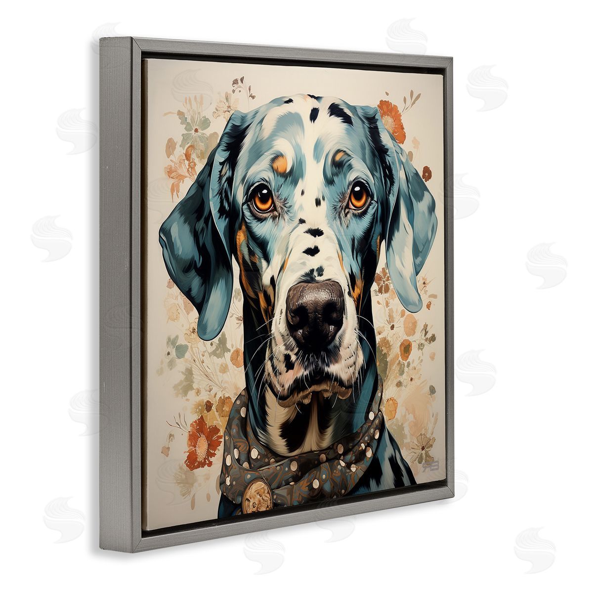Dog Portrait with Paint Splatter Grey Floating Frame Canvas Wall Art, Home Decor by Roozbeh Bahramali