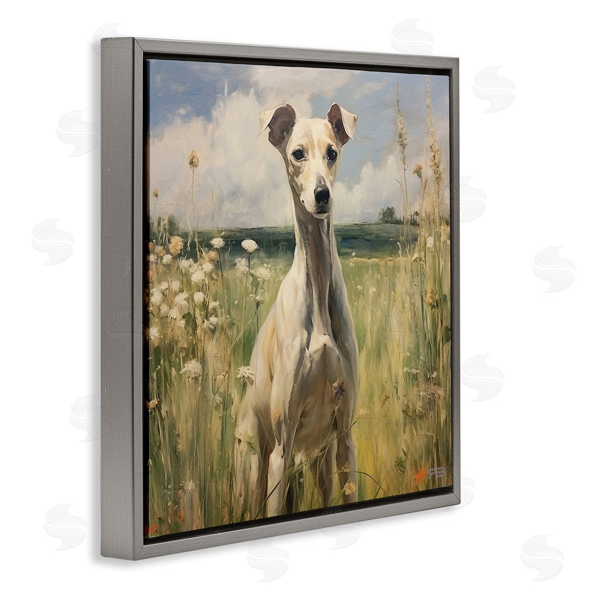 Greyhound Dog Landscape Grey Floating Frame Canvas Wall Art, Home Decor by Roozbeh Bahramali
