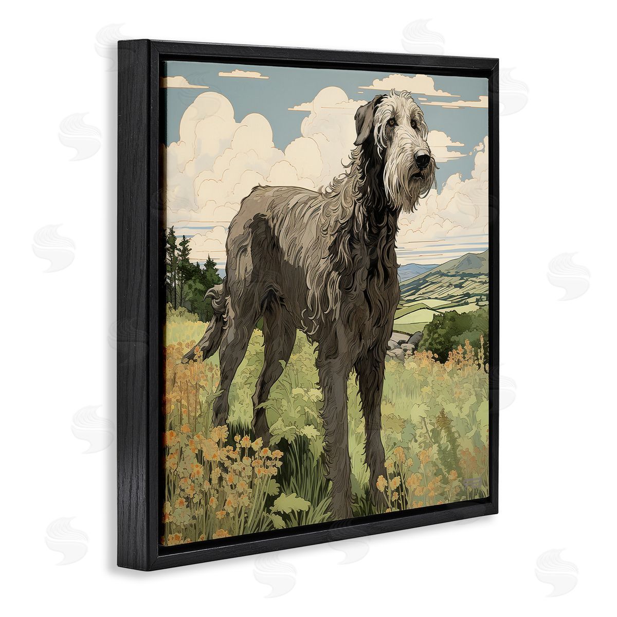 Countryside Landscape Dog Black Floating Frame Canvas Wall Art, Home Decor by Roozbeh Bahramali