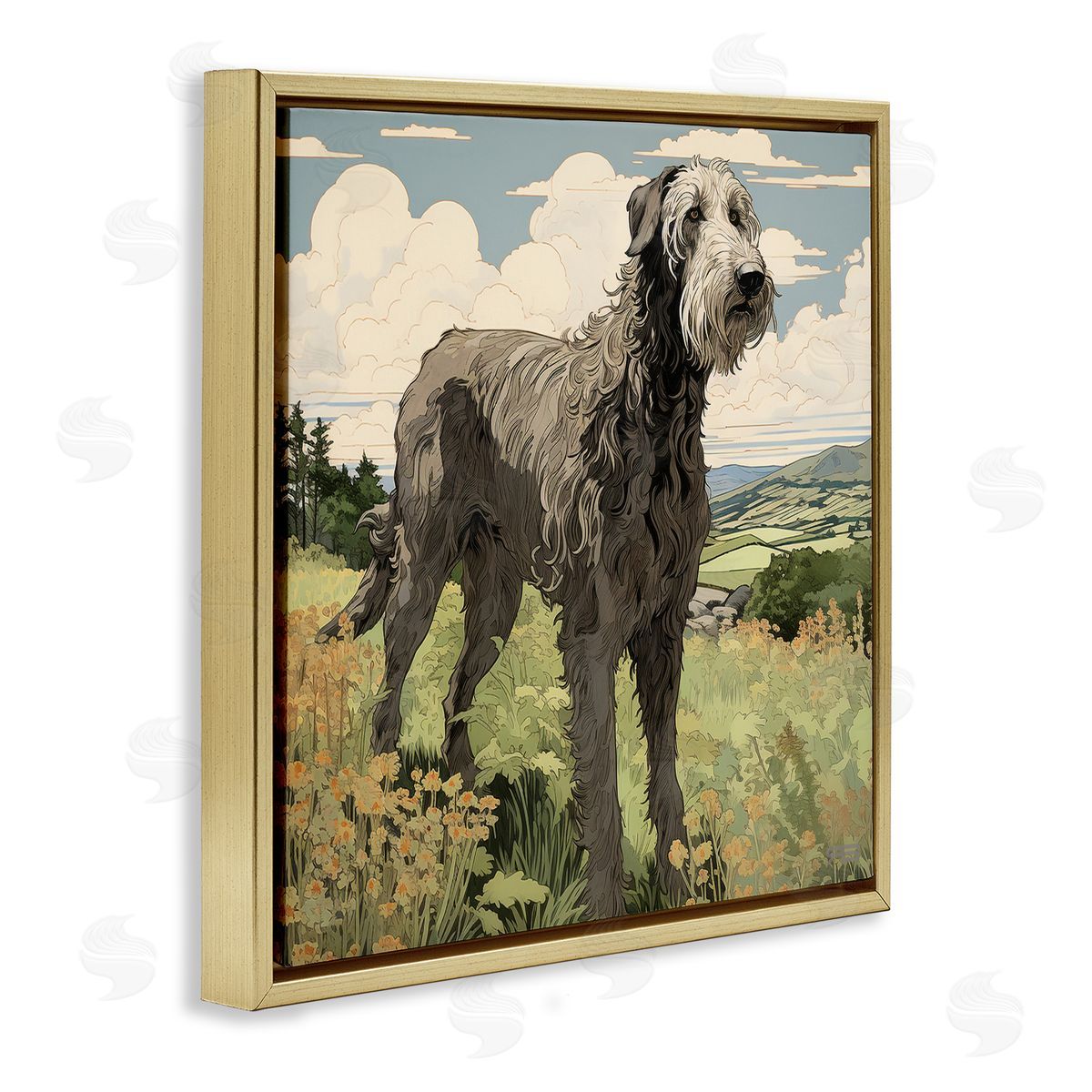 Countryside Landscape Dog Gold Floating Frame Canvas Wall Art, Home Decor by Roozbeh Bahramali