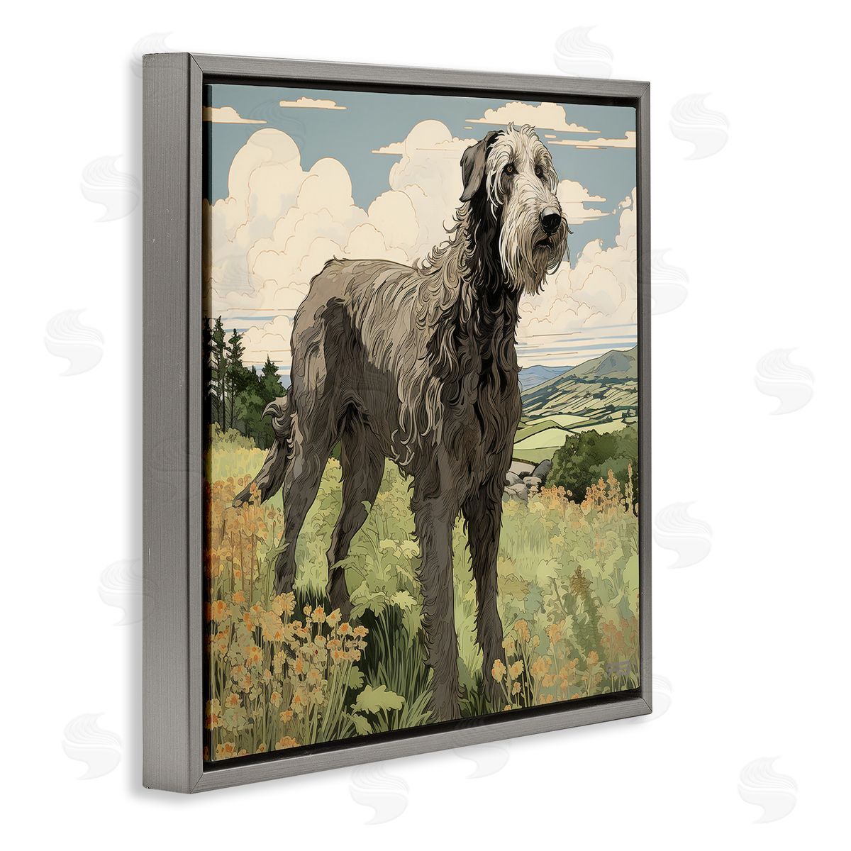Countryside Landscape Dog Grey Floating Frame Canvas Wall Art, Home Decor by Roozbeh Bahramali