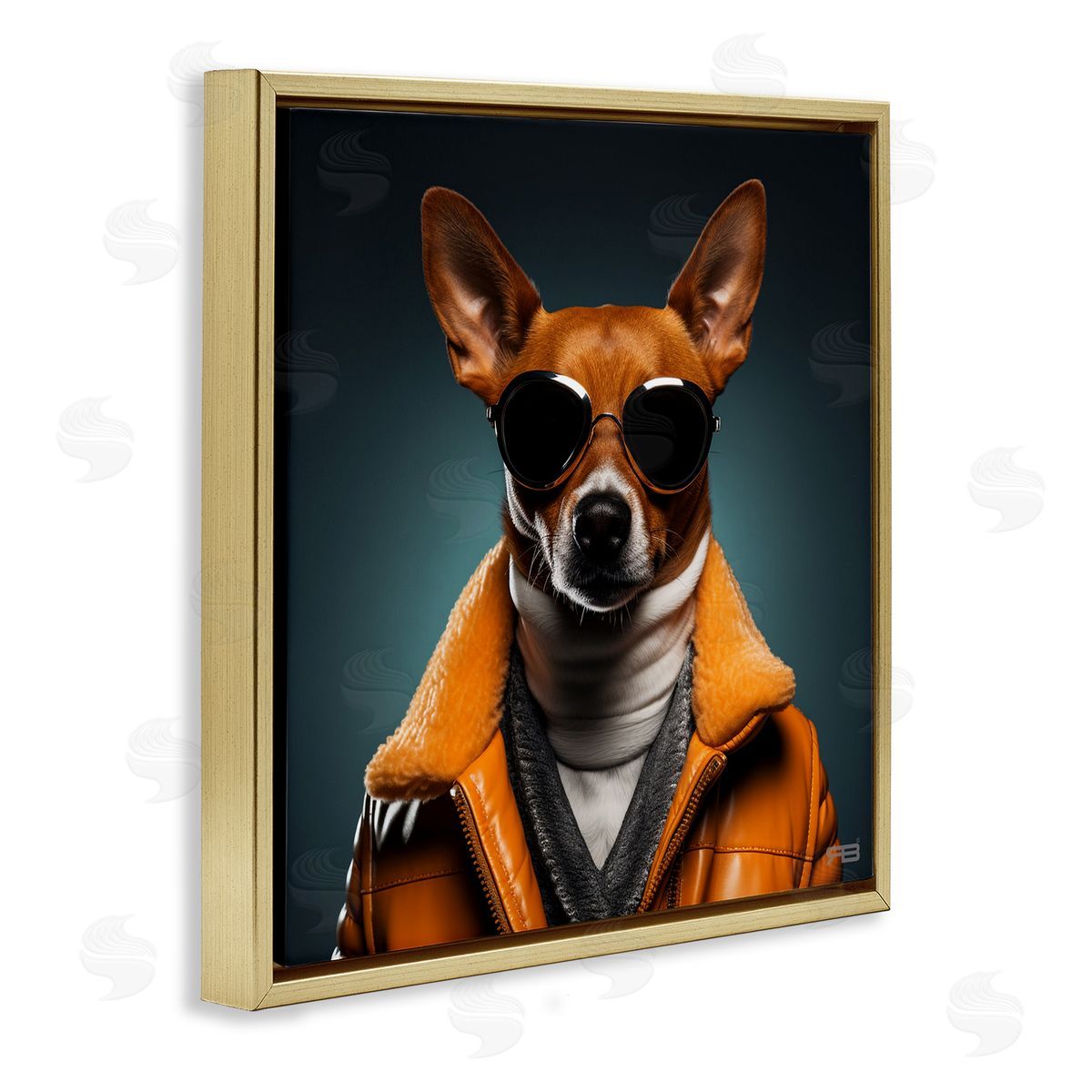 Stylish Dog with Sunglasses Gold Floating Frame Canvas Wall Art, Home Decor by Roozbeh Bahramali