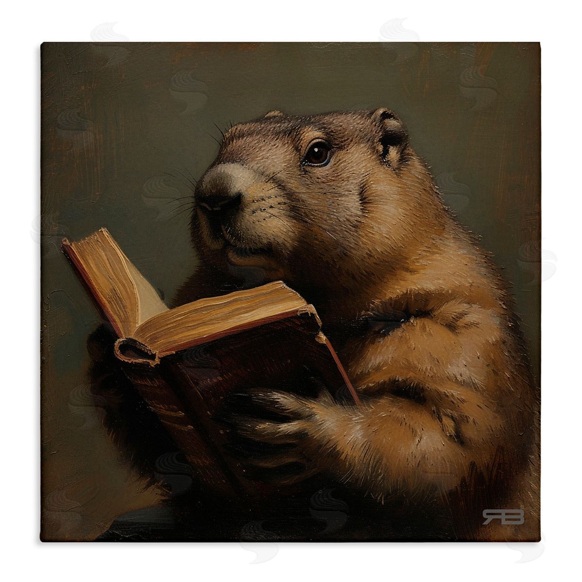 Groundhog Reading Book Canvas Wall Art, Home Decor by Roozbeh Bahramali
