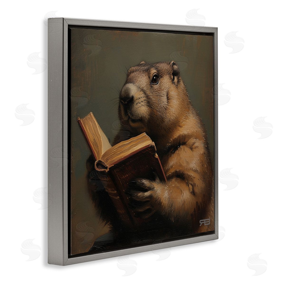 Groundhog Reading Book Grey Floating Frame Canvas Wall Art, Home Decor by Roozbeh Bahramali