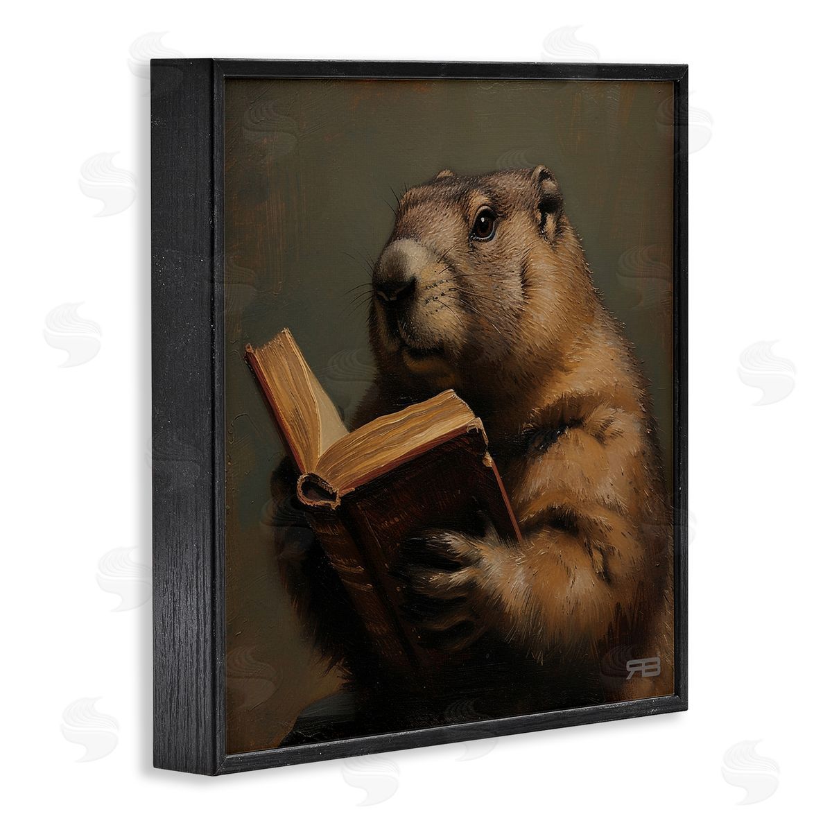 Groundhog Reading Book Black Frame Print Wall Art, Home Decor by Roozbeh Bahramali