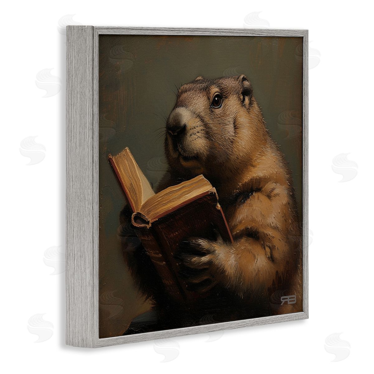Groundhog Reading Book Grey Frame Print Wall Art, Home Decor by Roozbeh Bahramali
