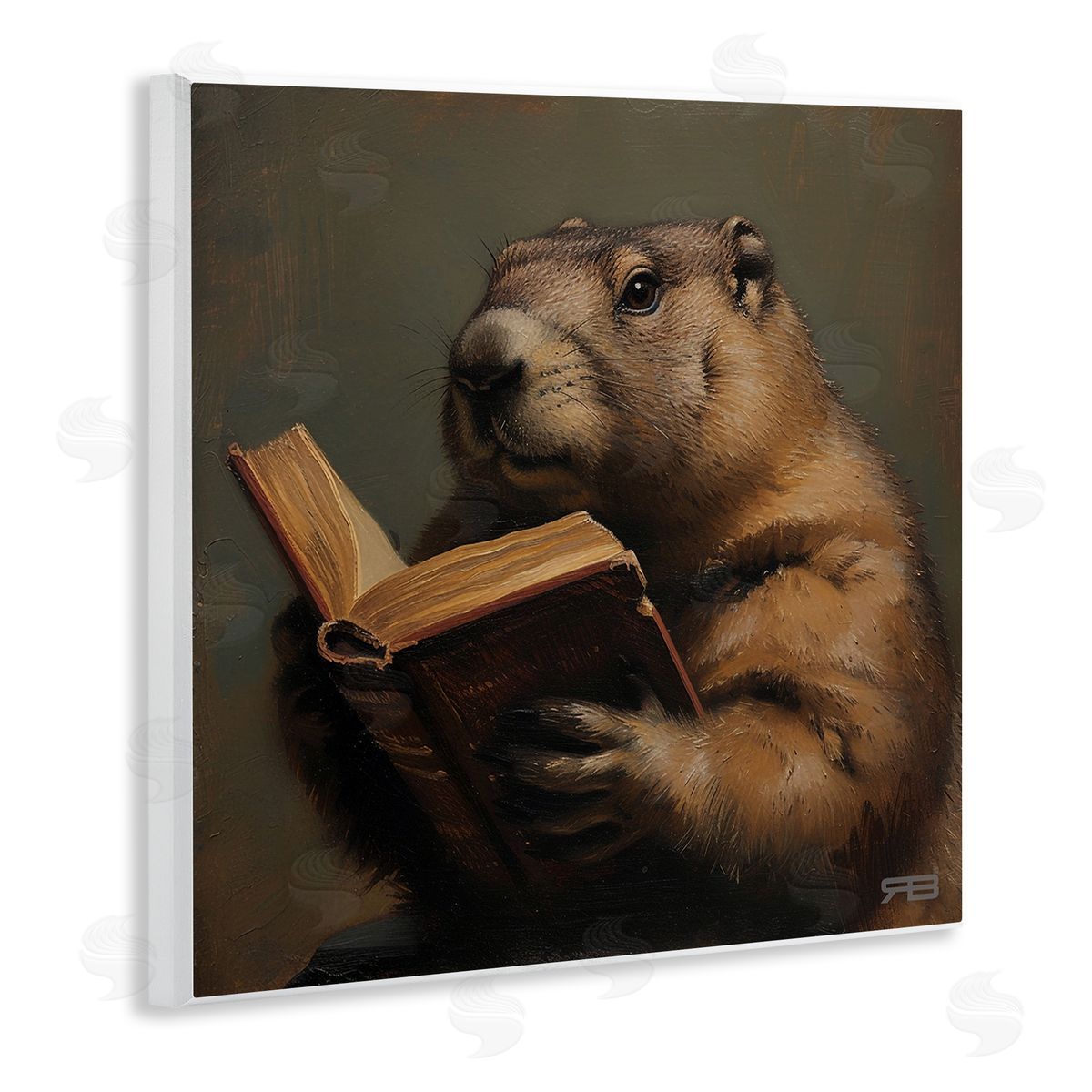 Groundhog Reading Book Wood Plaque Wall Art, Home Decor by Roozbeh Bahramali