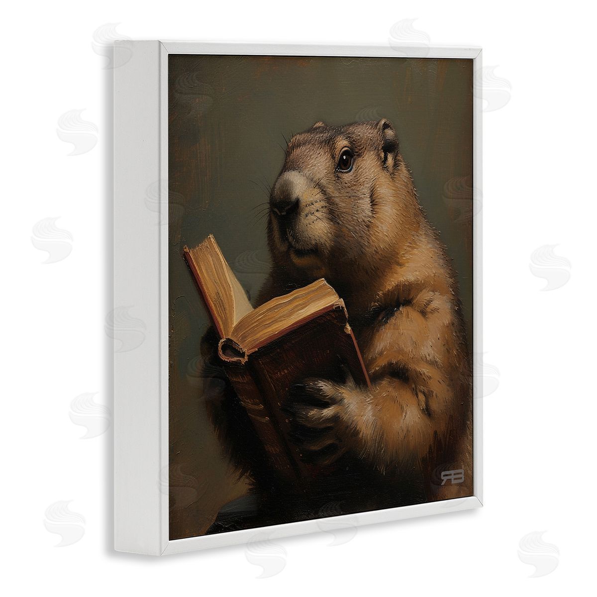 Groundhog Reading Book White Frame Print Wall Art, Home Decor by Roozbeh Bahramali
