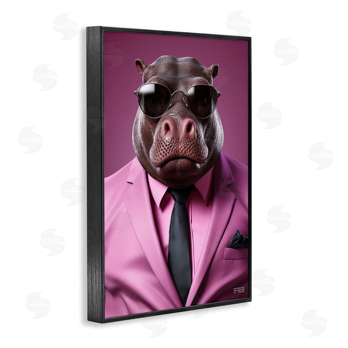 Strong Hippo Purple Suit Black Frame Print Wall Art, Home Decor by Roozbeh Bahramali