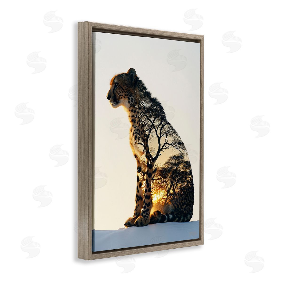 Leopard with Silhouette Brown Floating Frame Canvas Wall Art, Home Decor by Roozbeh Bahramali