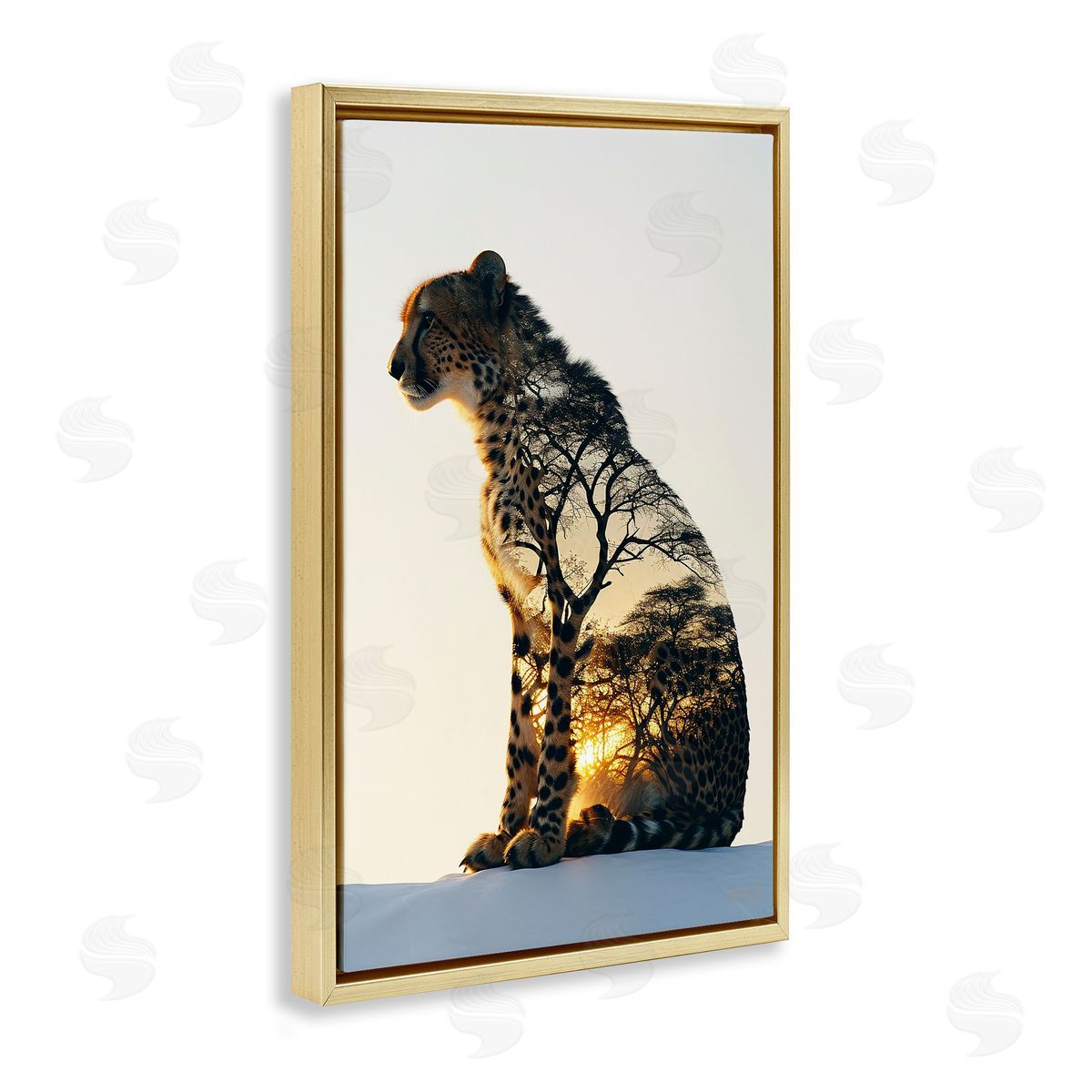 Leopard with Silhouette Gold Floating Frame Canvas Wall Art, Home Decor by Roozbeh Bahramali
