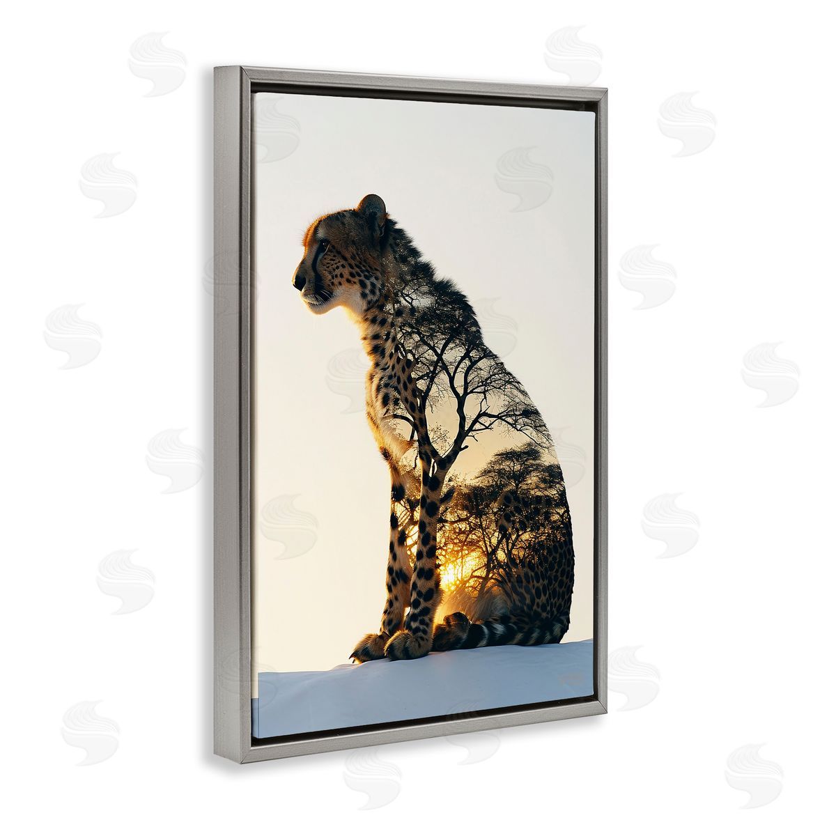 Leopard with Silhouette Grey Floating Frame Canvas Wall Art, Home Decor by Roozbeh Bahramali