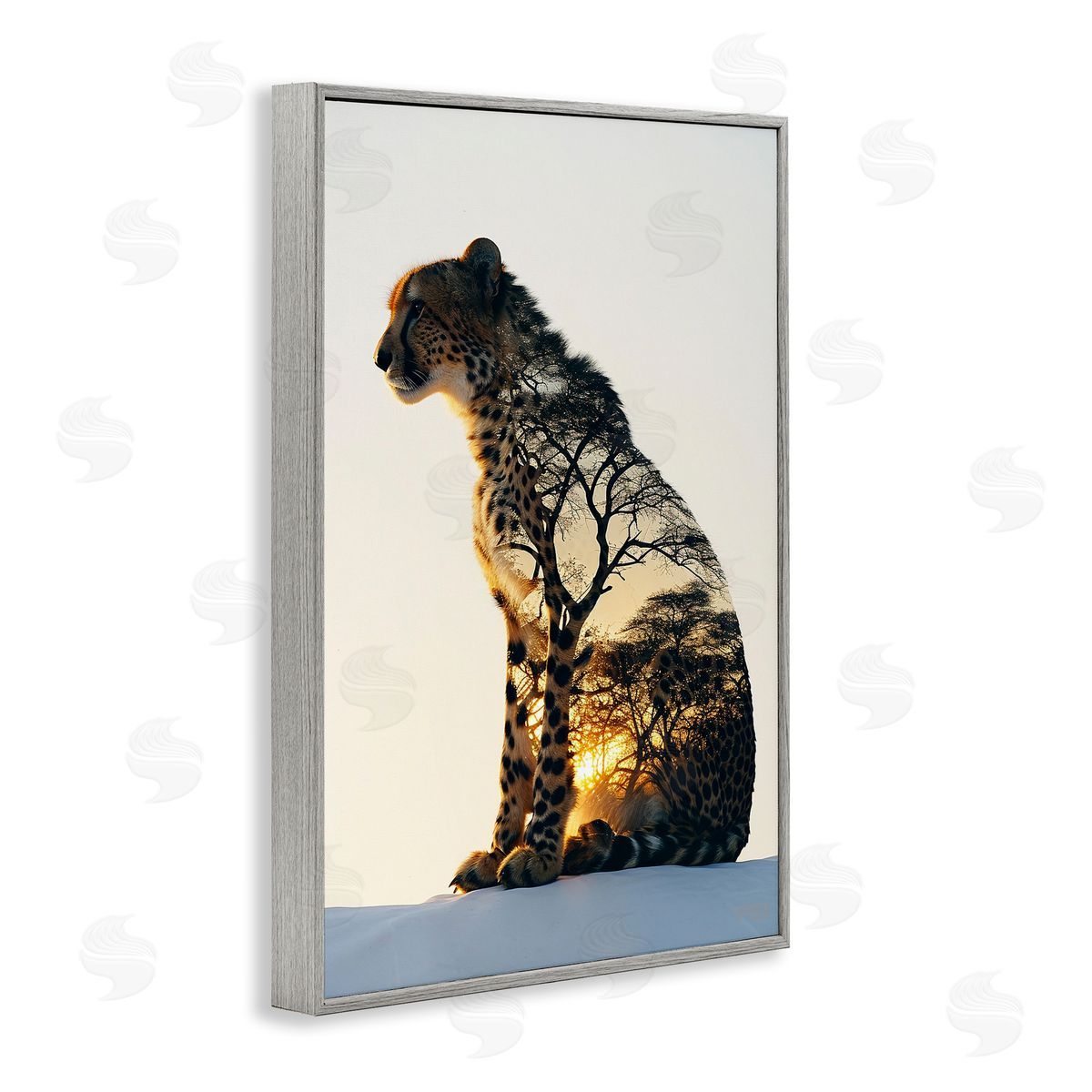 Leopard with Silhouette Grey Frame Print Wall Art, Home Decor by Roozbeh Bahramali