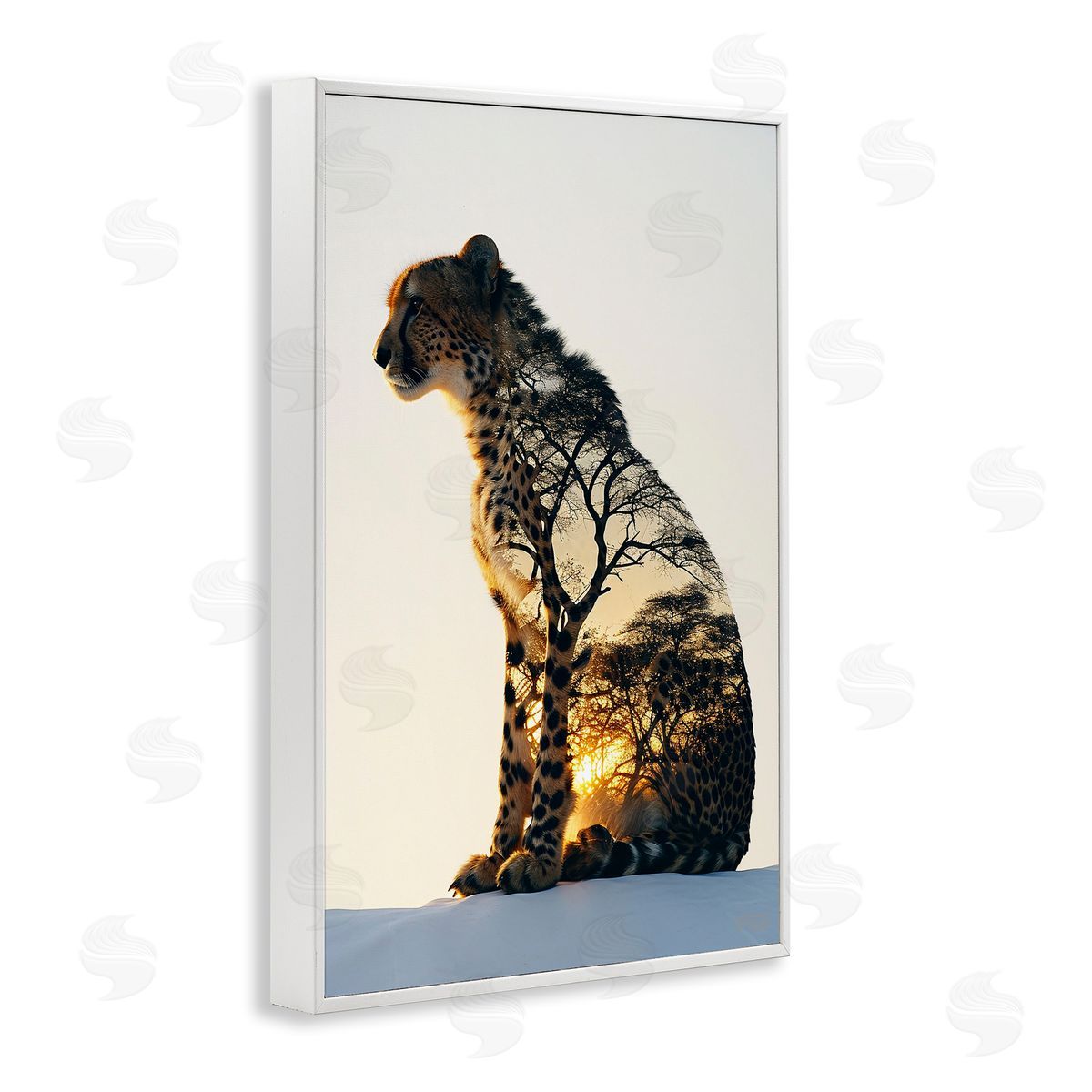 Leopard with Silhouette White Frame Print Wall Art, Home Decor by Roozbeh Bahramali