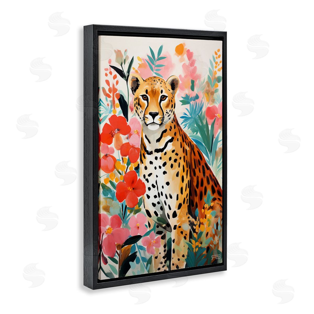 Floral Adorned Leopard Black Floating Frame Canvas Wall Art, Home Decor by Roozbeh Bahramali