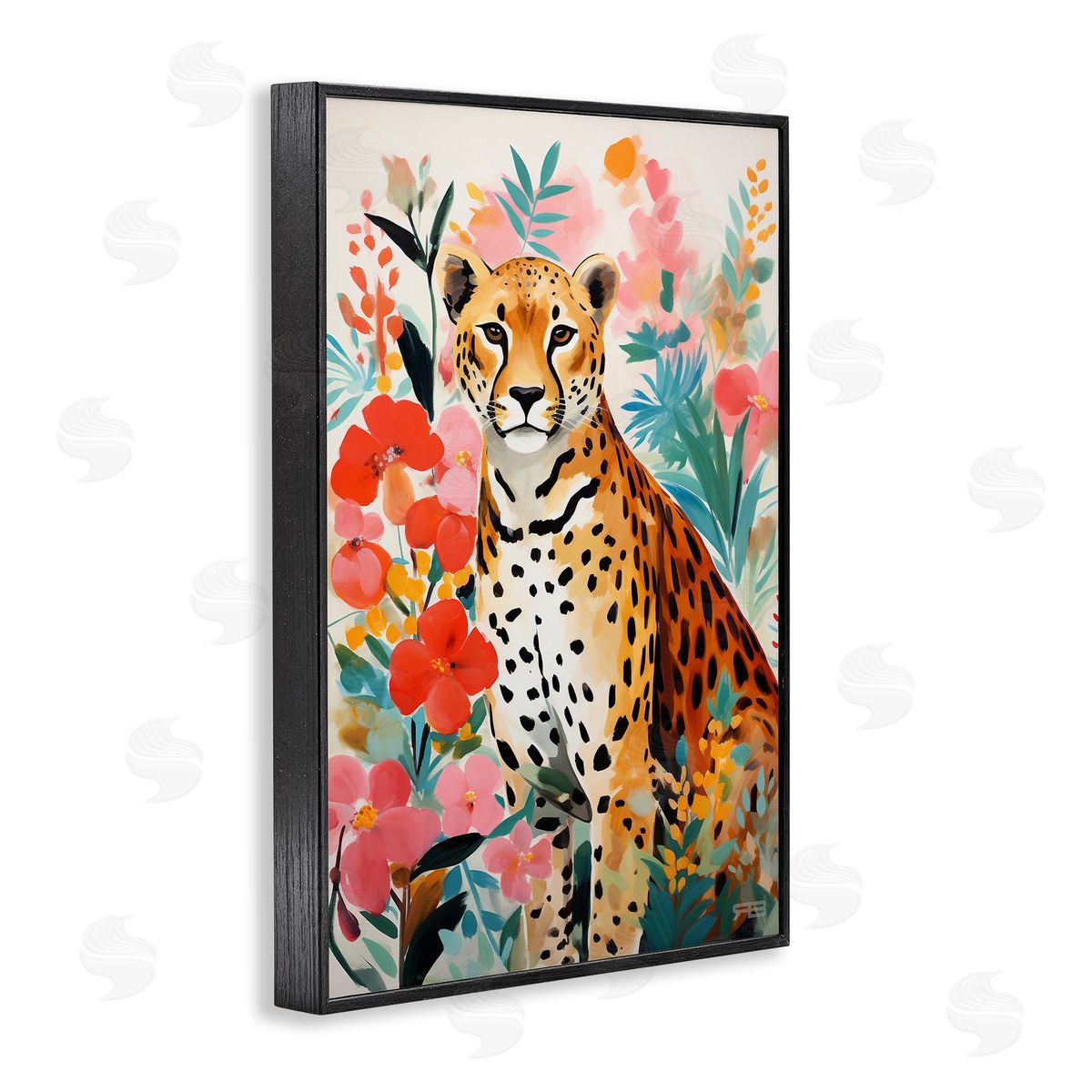 Floral Adorned Leopard Black Frame Print Wall Art, Home Decor by Roozbeh Bahramali