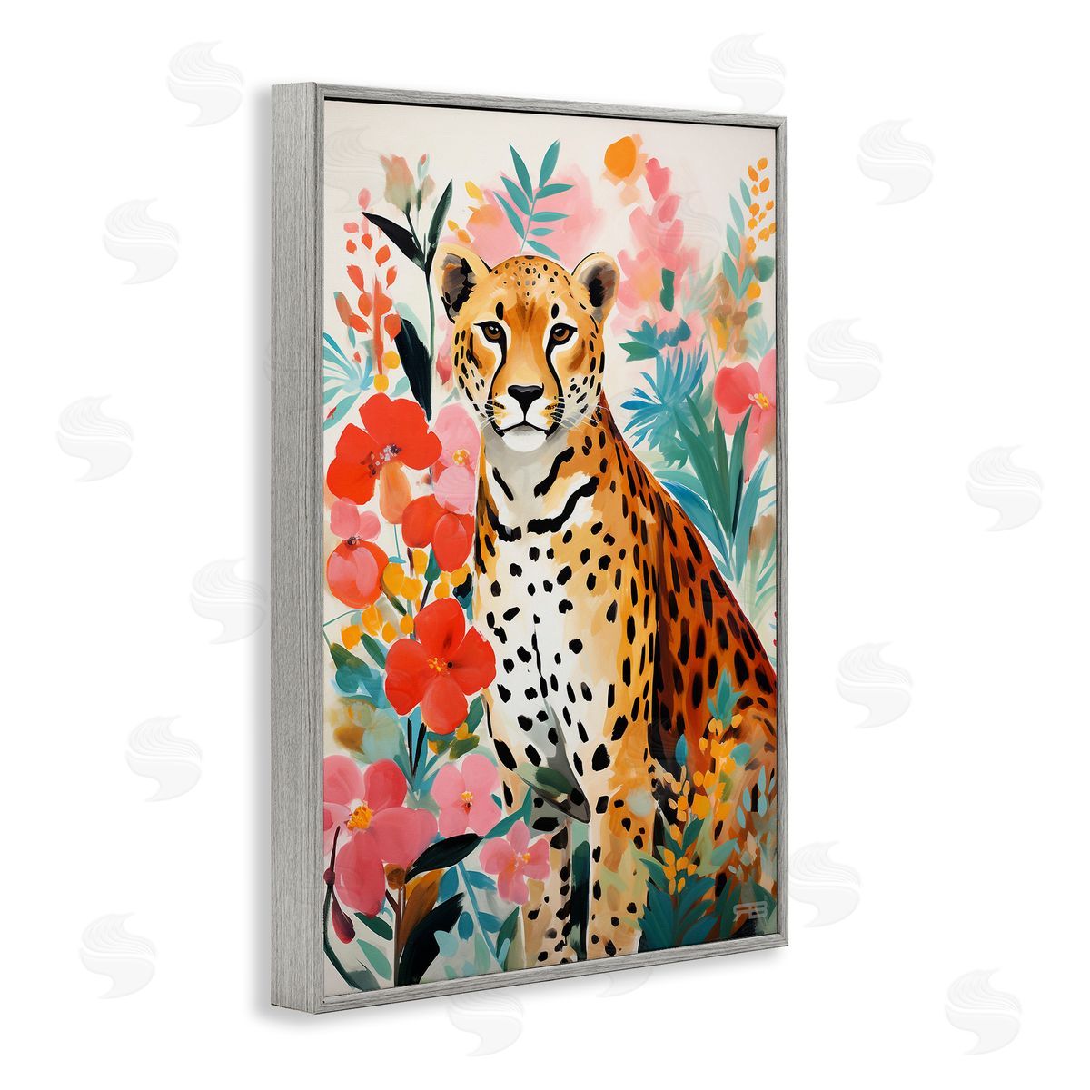 Floral Adorned Leopard Grey Frame Print Wall Art, Home Decor by Roozbeh Bahramali