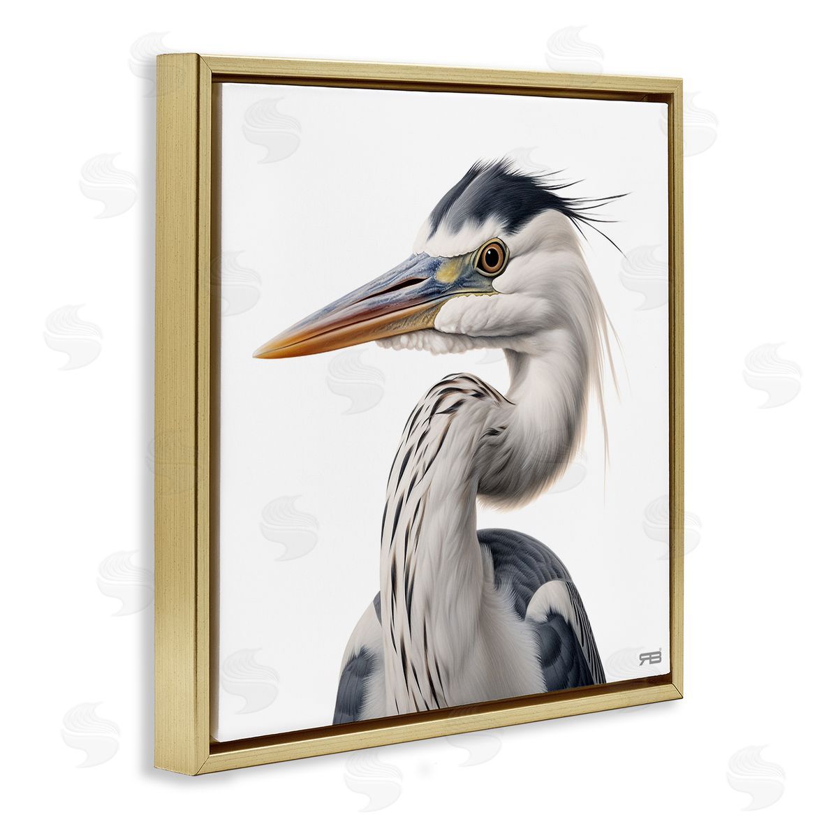 Stoic Heron Looking Left Gold Floating Frame Canvas Wall Art, Home Decor by Roozbeh Bahramali