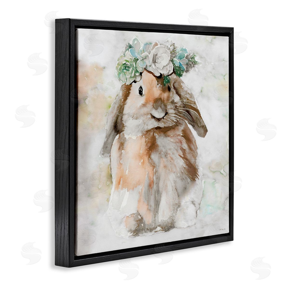 Bunny and Spring Floral Crown Black Floating Frame Canvas Wall Art, Home Decor by Stellar Design Studio