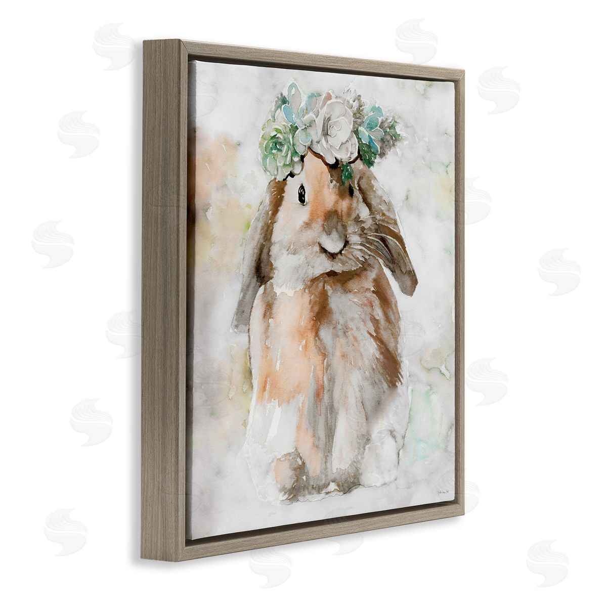 Bunny and Spring Floral Crown Brown Floating Frame Canvas Wall Art, Home Decor by Stellar Design Studio
