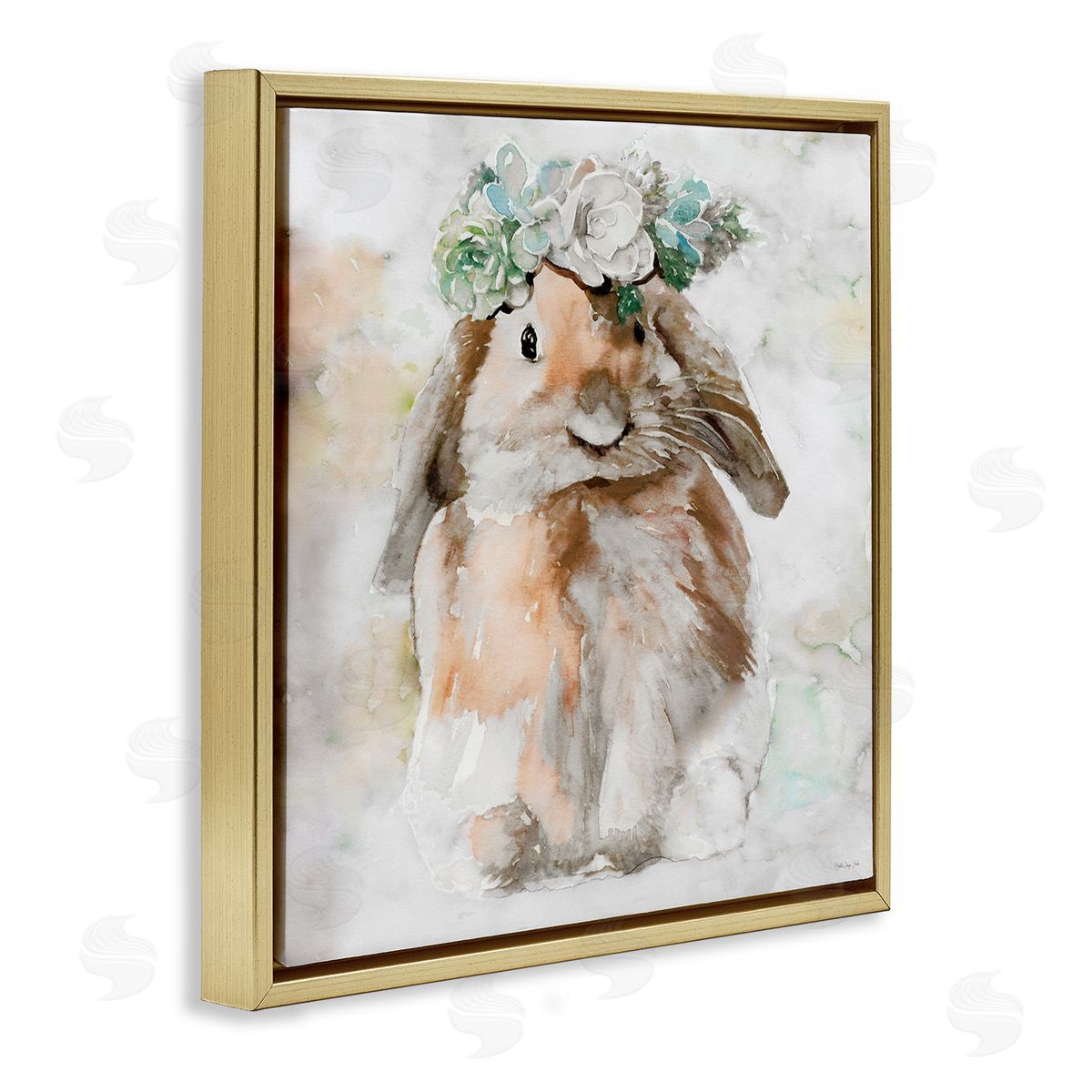 Bunny and Spring Floral Crown Gold Floating Frame Canvas Wall Art, Home Decor by Stellar Design Studio