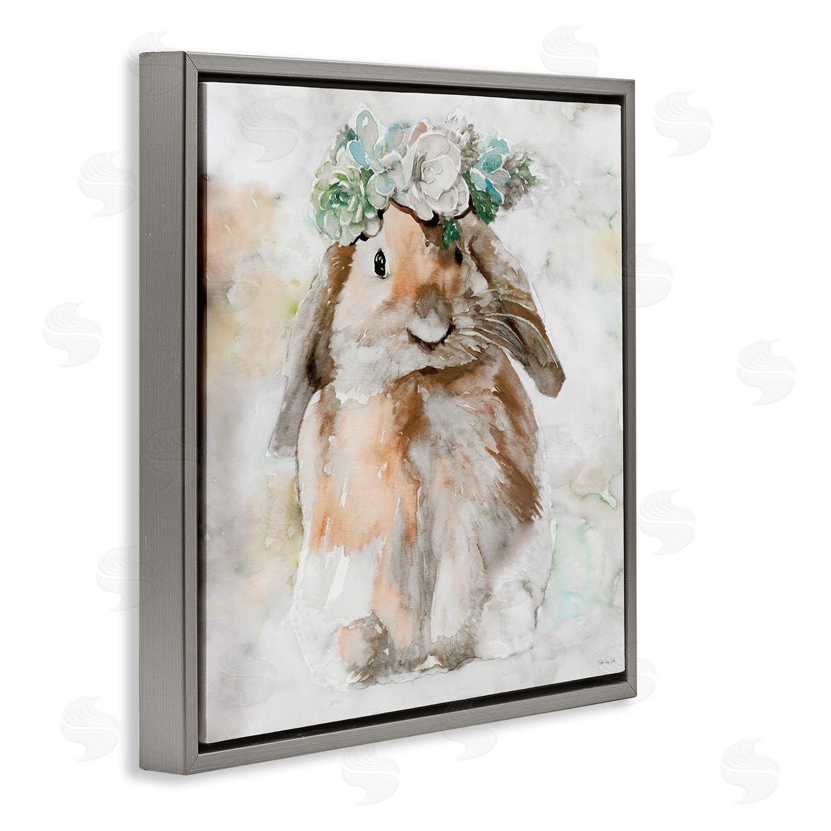 Bunny and Spring Floral Crown Grey Floating Frame Canvas Wall Art, Home Decor by Stellar Design Studio