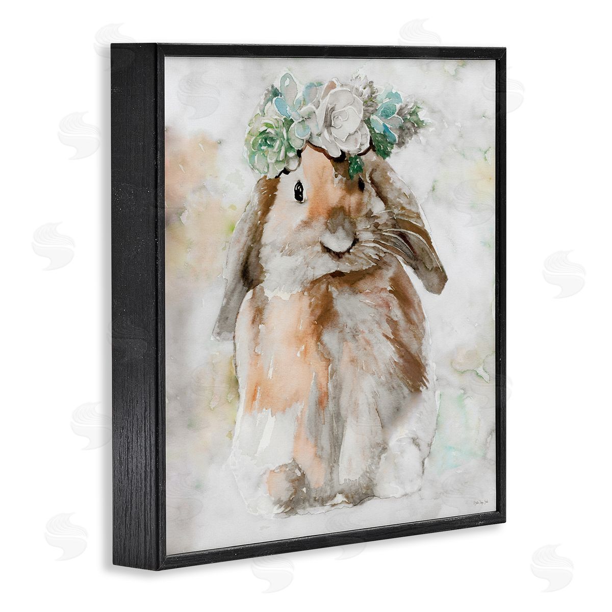 Bunny and Spring Floral Crown Black Frame Print Wall Art, Home Decor by Stellar Design Studio