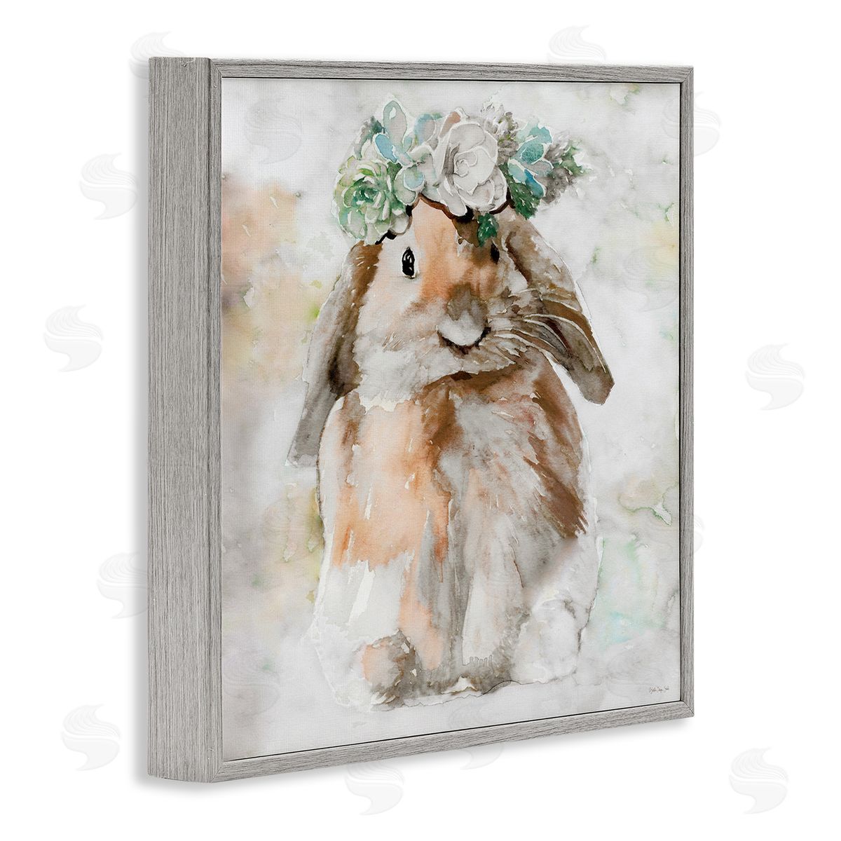 Bunny and Spring Floral Crown Grey Frame Print Wall Art, Home Decor by Stellar Design Studio