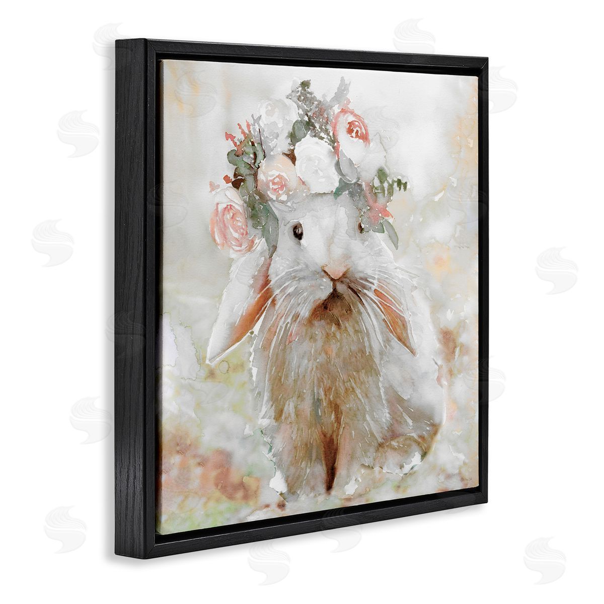 Spring Floral Bunny Black Floating Frame Canvas Wall Art, Home Decor by Stellar Design Studio