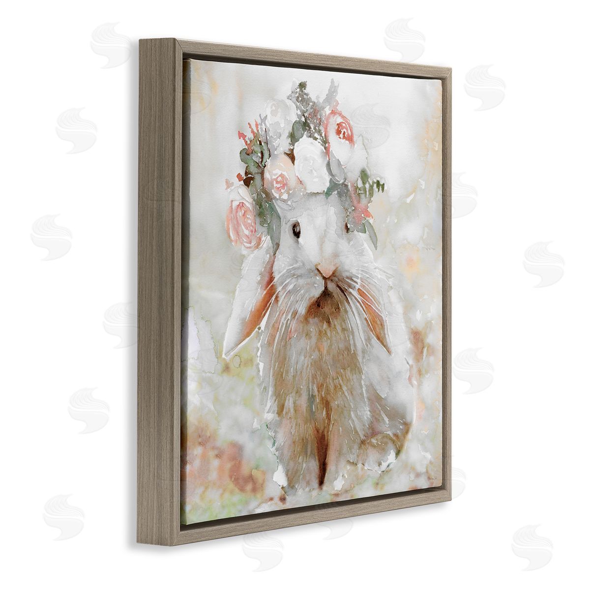 Spring Floral Bunny Brown Floating Frame Canvas Wall Art, Home Decor by Stellar Design Studio