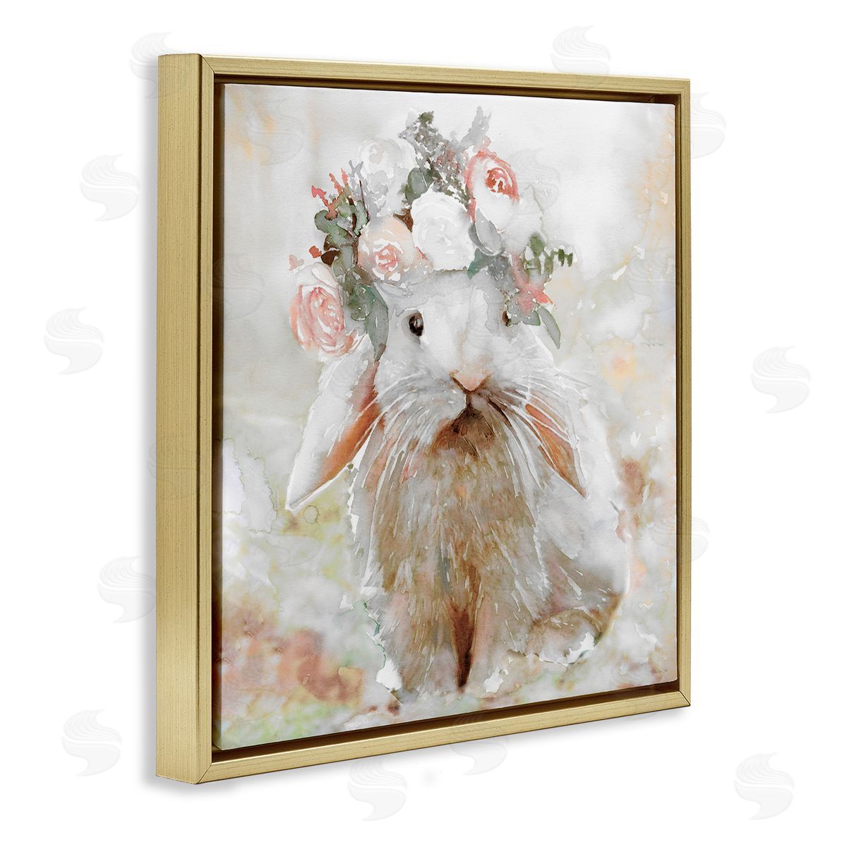 Spring Floral Bunny Gold Floating Frame Canvas Wall Art, Home Decor by Stellar Design Studio