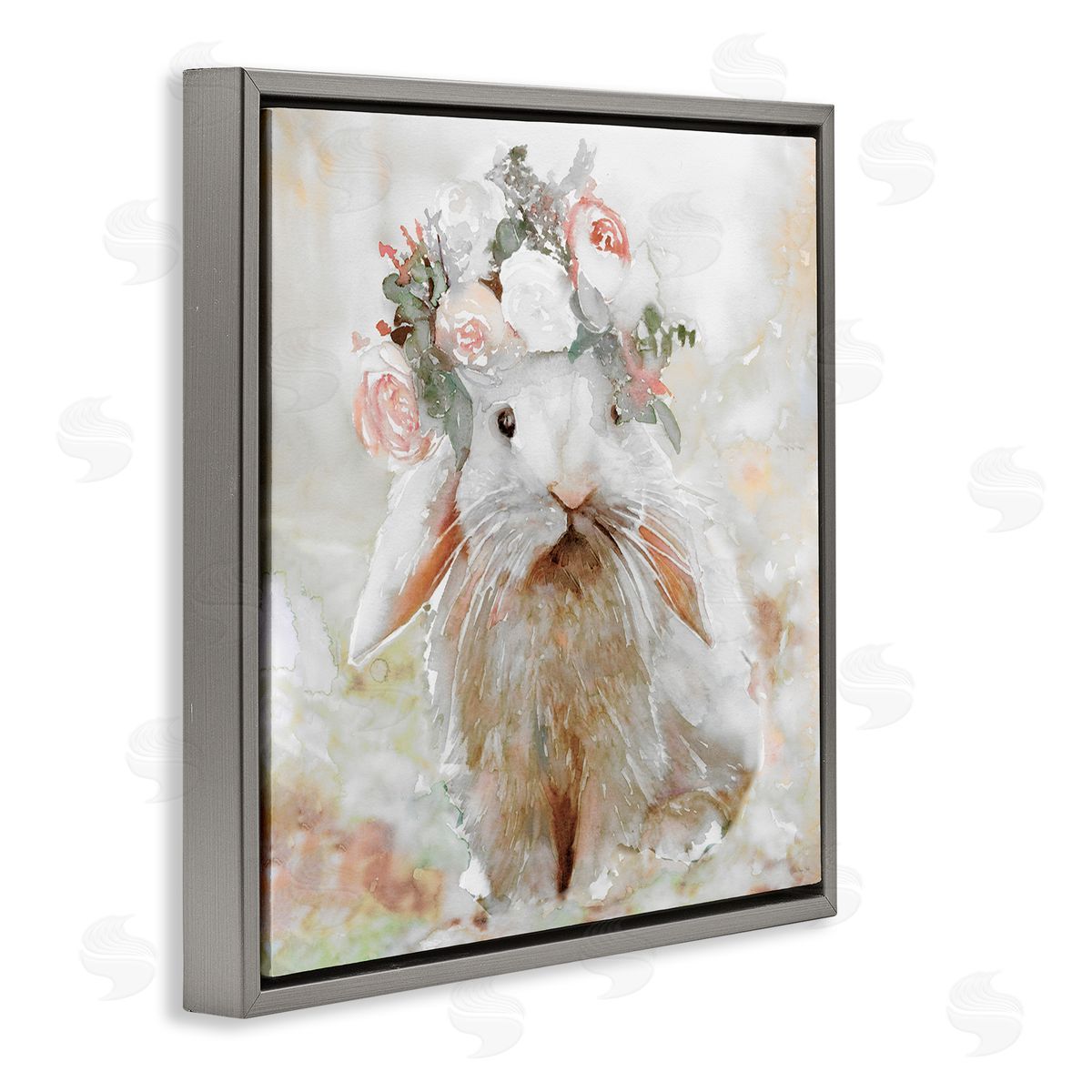 Spring Floral Bunny Grey Floating Frame Canvas Wall Art, Home Decor by Stellar Design Studio