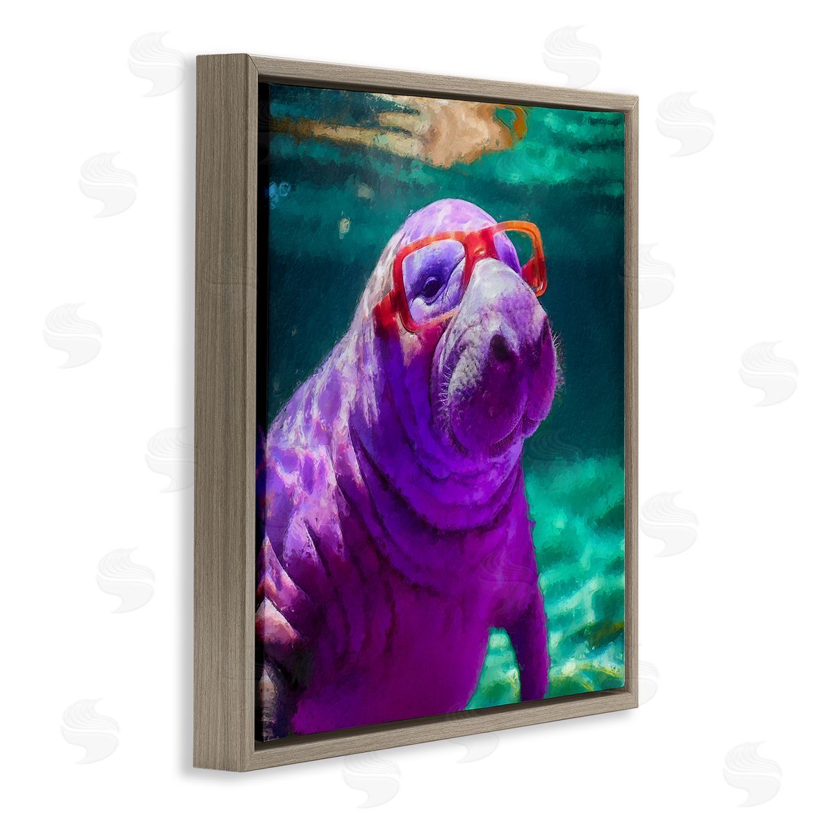 Manatee with Glasses Brown Floating Frame Canvas Wall Art, Home Decor by Sean Parnell