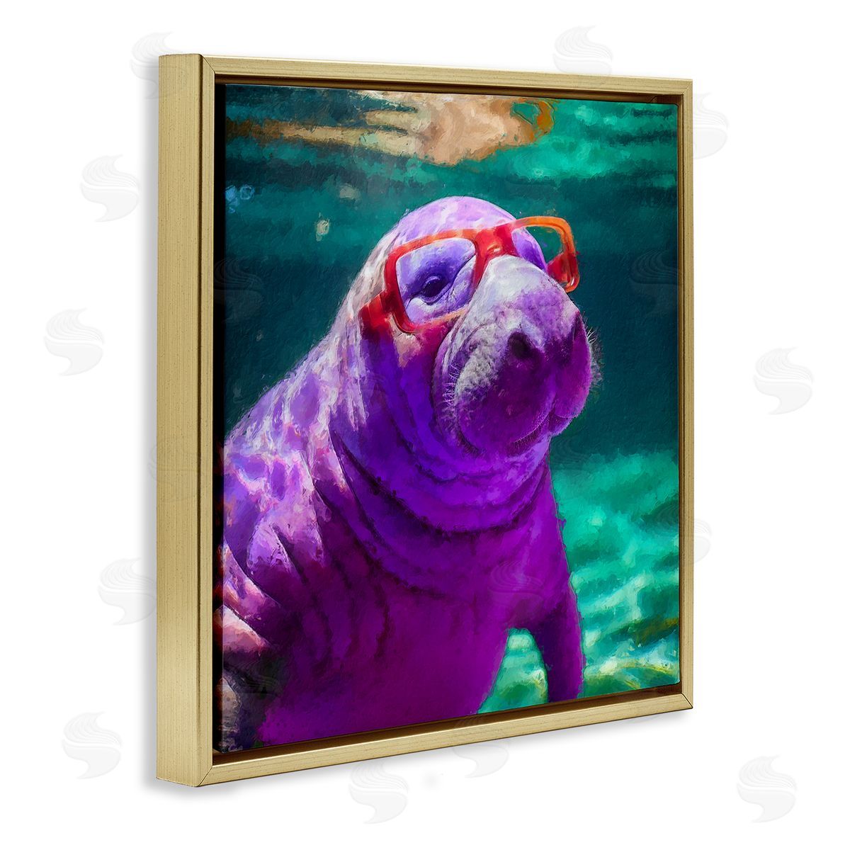 Manatee with Glasses Gold Floating Frame Canvas Wall Art, Home Decor by Sean Parnell