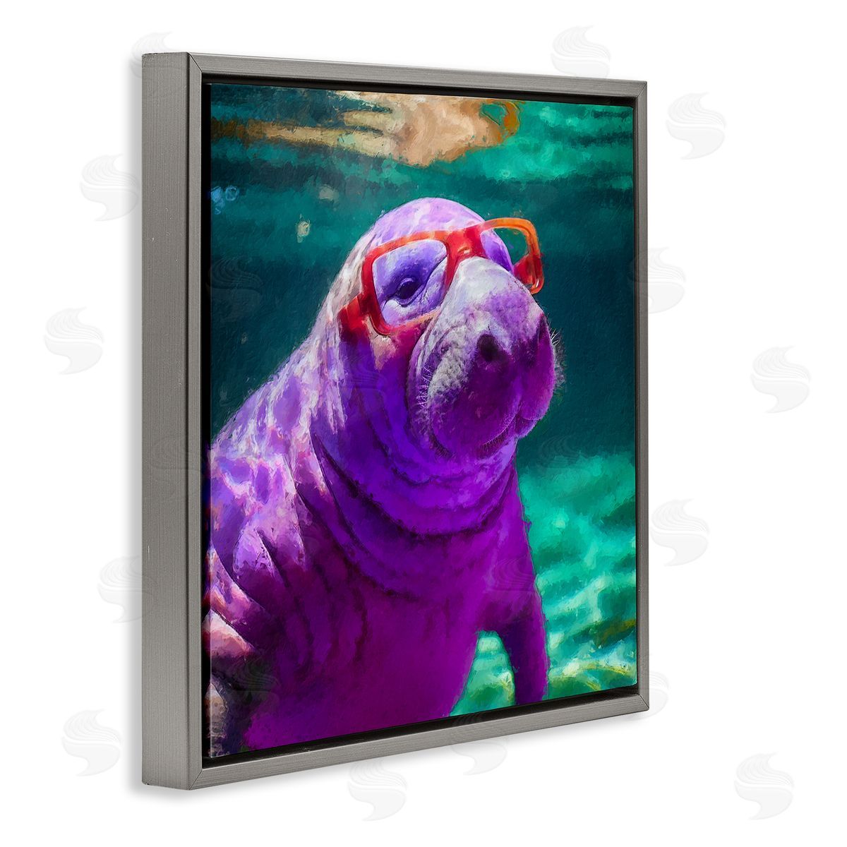Manatee with Glasses Grey Floating Frame Canvas Wall Art, Home Decor by Sean Parnell