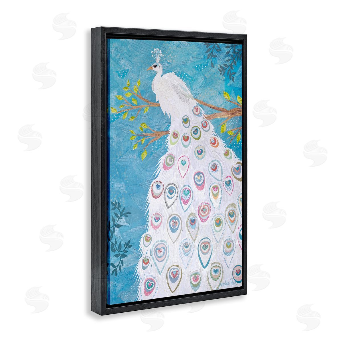 White Patterned Peacock Black Floating Frame Canvas Wall Art, Home Decor by Jennifer Peck