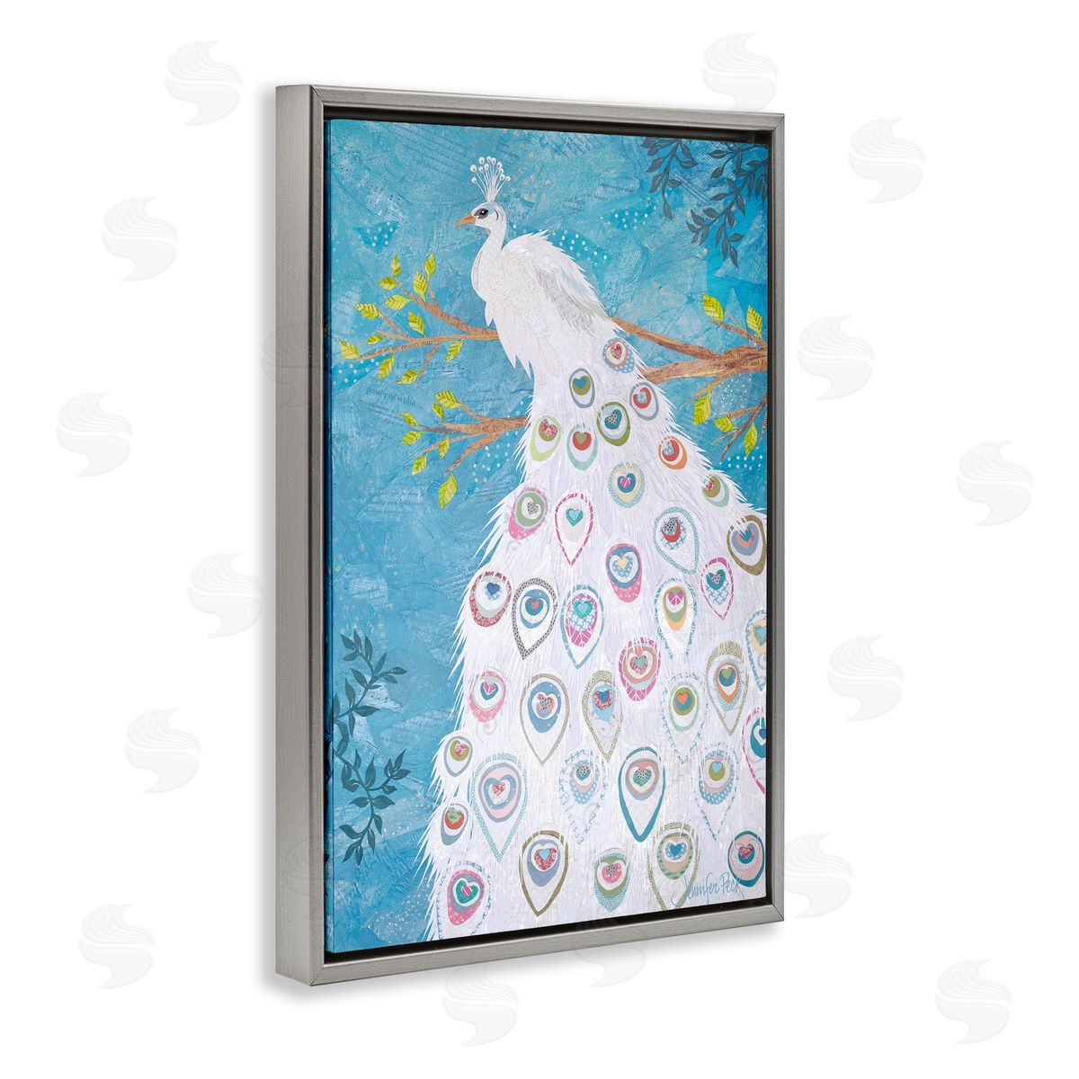 White Patterned Peacock Grey Floating Frame Canvas Wall Art, Home Decor by Jennifer Peck