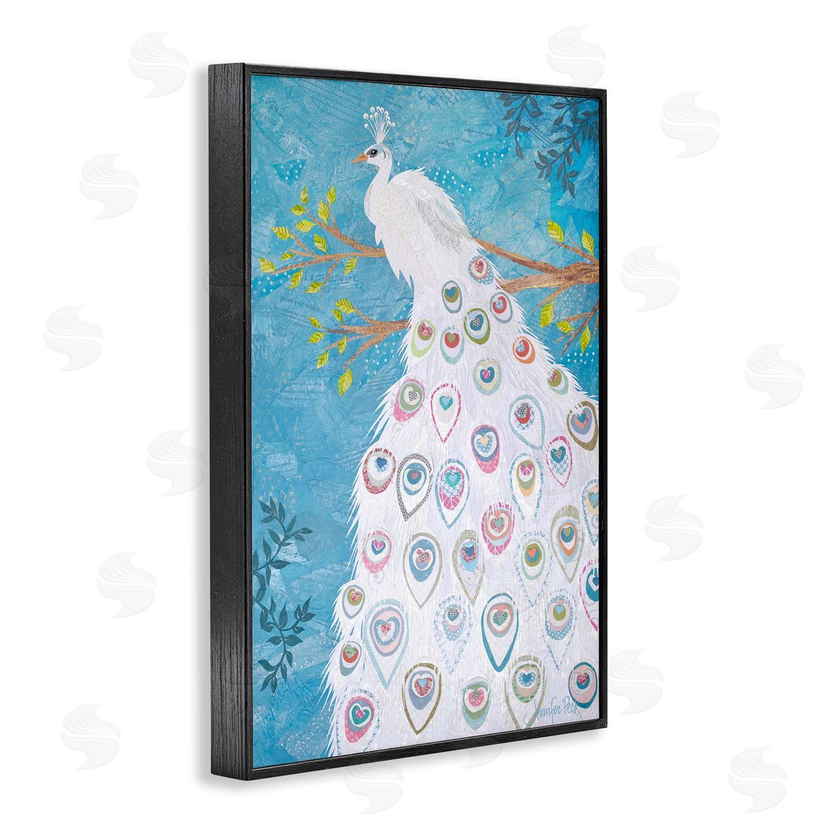 White Patterned Peacock Black Frame Print Wall Art, Home Decor by Jennifer Peck