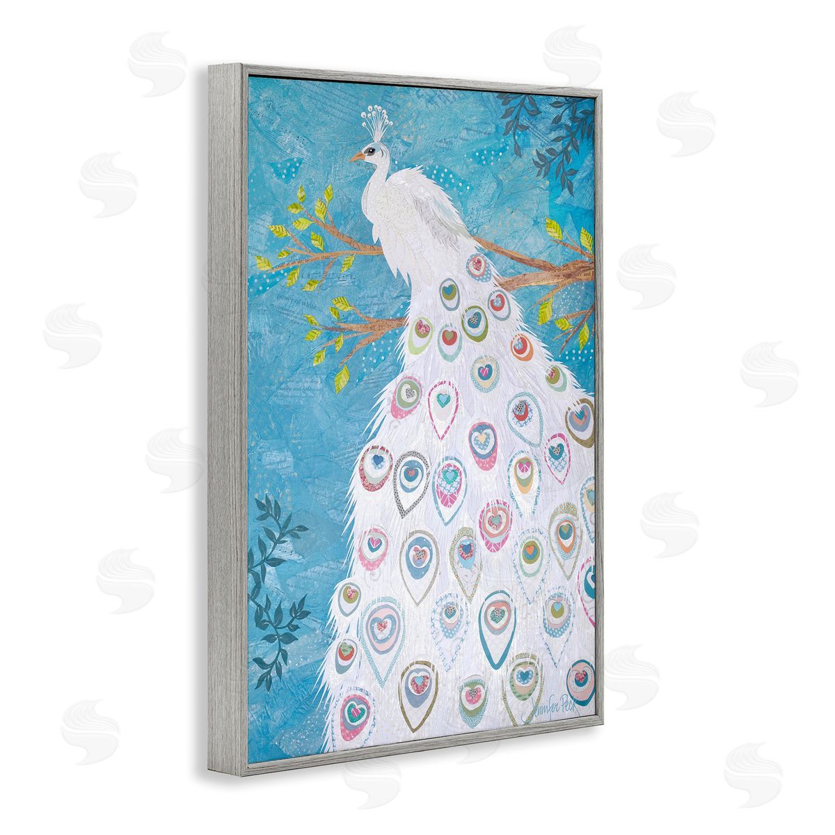 White Patterned Peacock Grey Frame Print Wall Art, Home Decor by Jennifer Peck