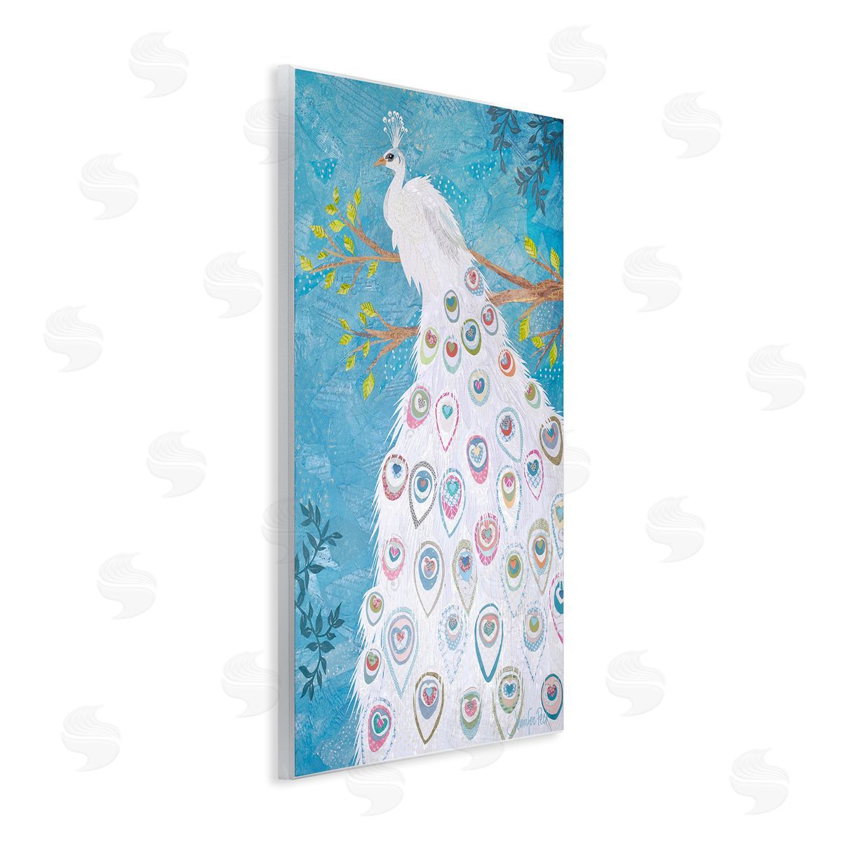 White Patterned Peacock Wood Plaque Wall Art, Home Decor by Jennifer Peck